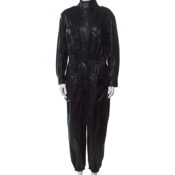 Norma Kamali Faux Leather Turtle Cargo Jumpsuit - Picture 1 of 8